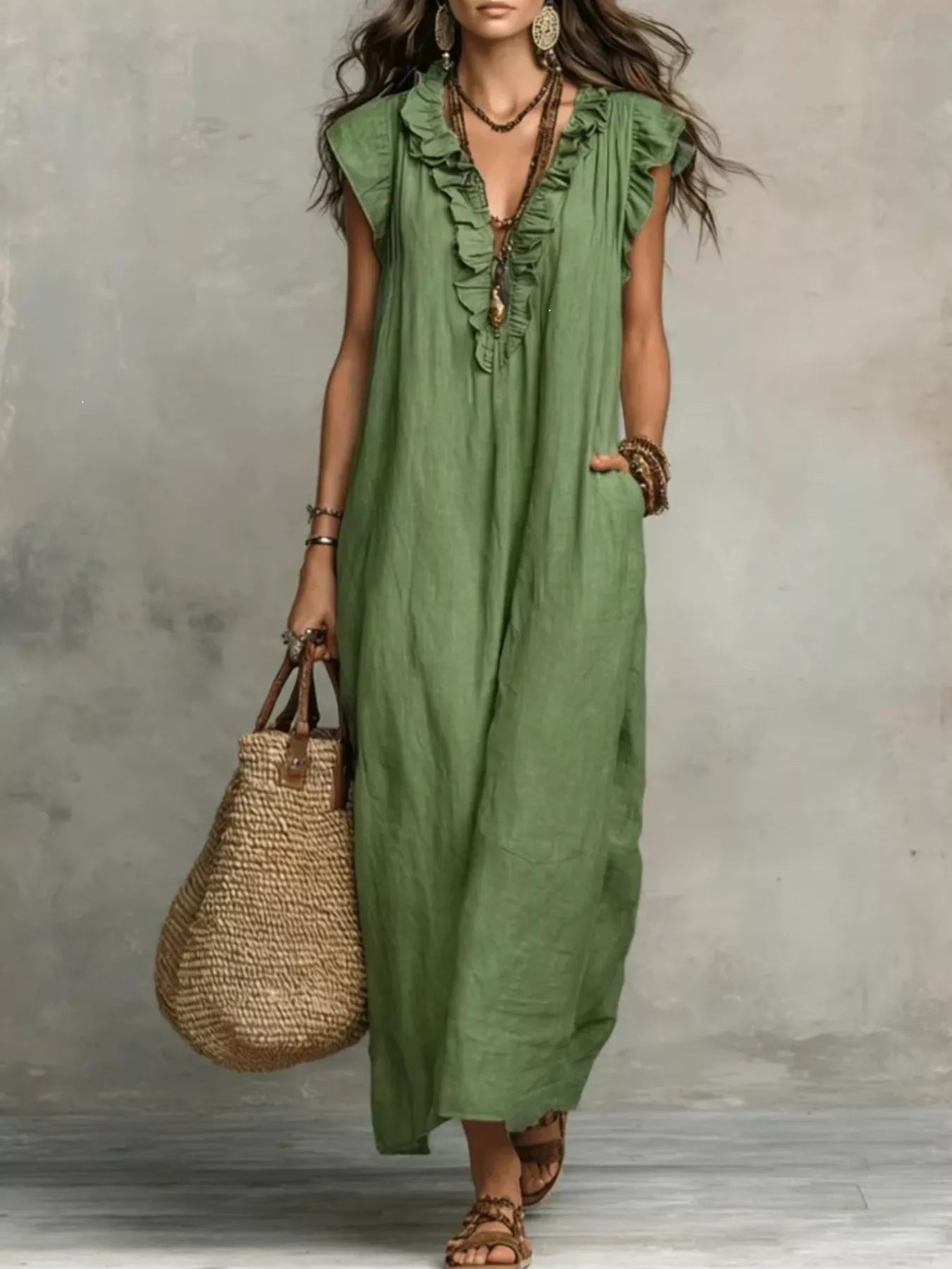Full Size Ruffled V-Neck Cap Sleeve Maxi Dress Plus Size Main image