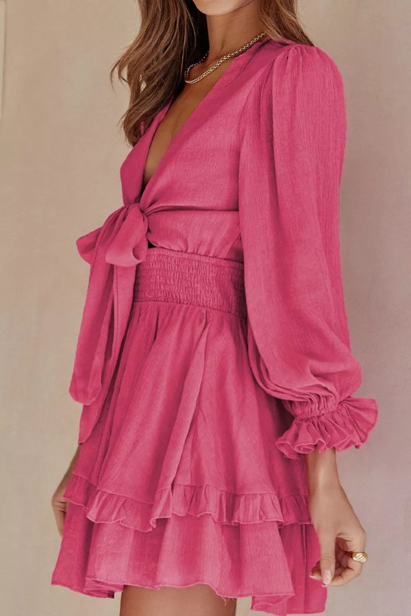 Elegant Tie-Front Ruffle Mini Dress with Smocked Wiast - product image 4