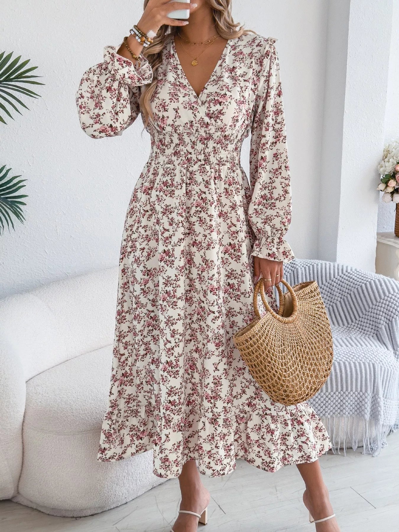Ruffled Floral V-Neck Flounce Sleeve Dress Secondary image