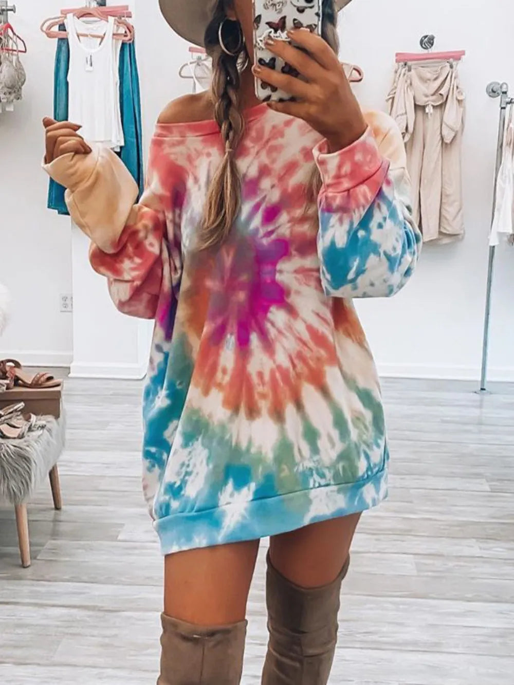 Tie-Dye Round Neck Long Sleeve Dress Main image