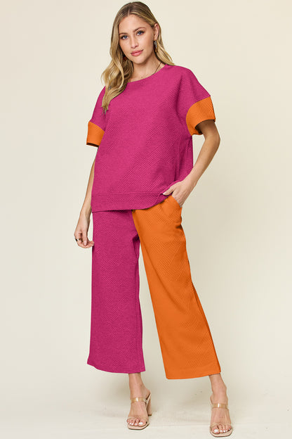 Double Take Full Size Texture Contrast T-Shirt and Wide Leg Pants Set