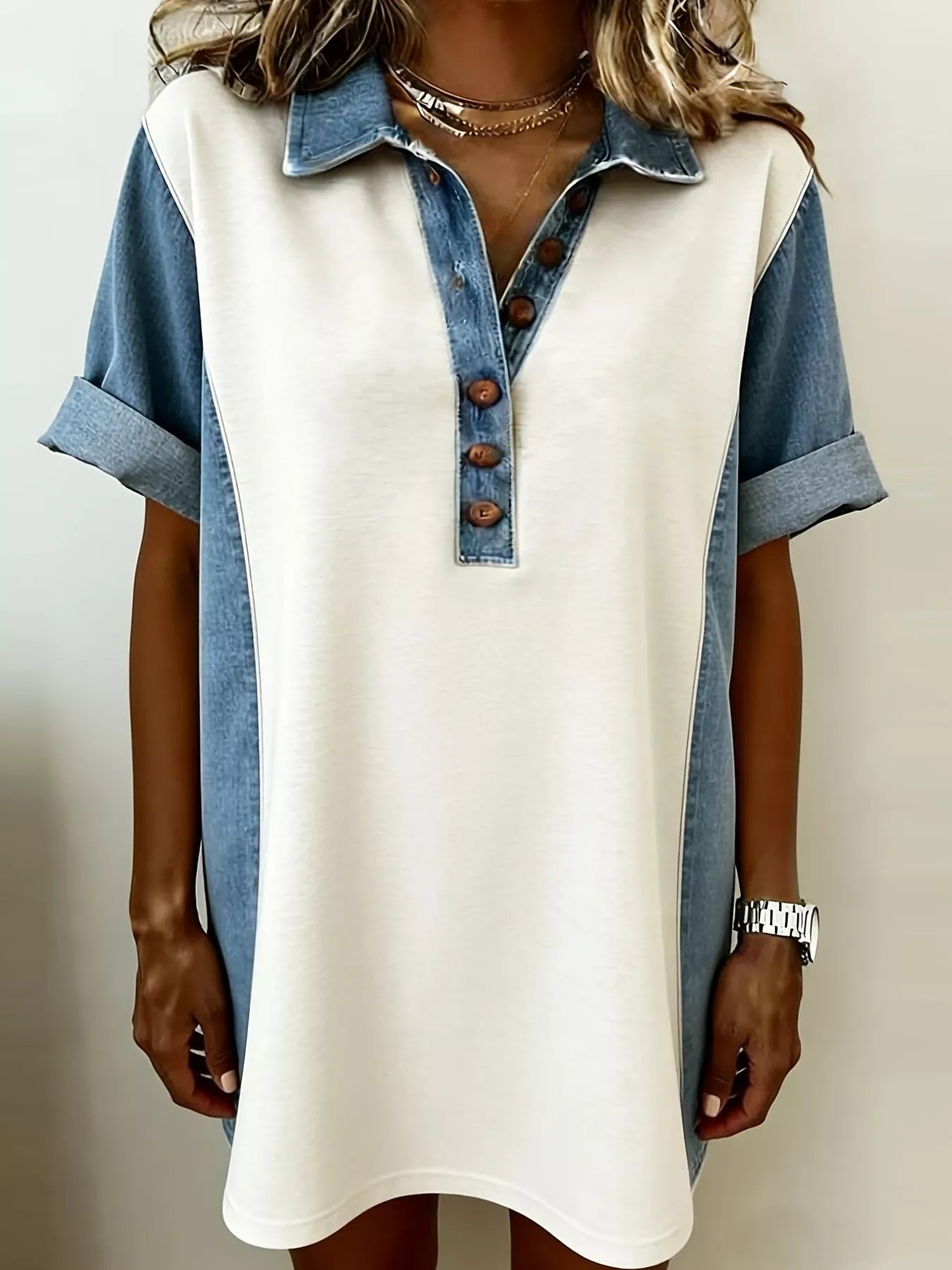 Denim Patchwork Button Front Mini Dress Main image