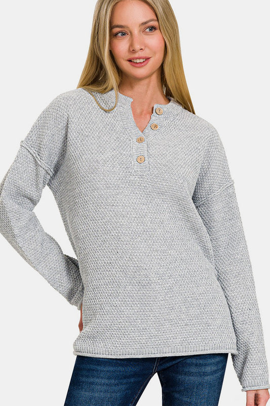 Zenana Button Closure Drop Shoulder Sweater