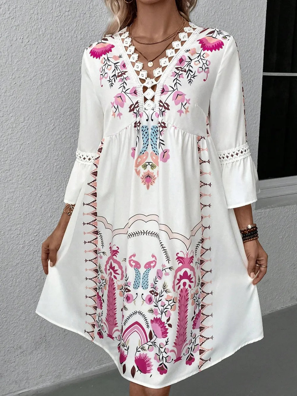 Lace Detail Printed Three-Quarter Sleeve Dress - product image 7