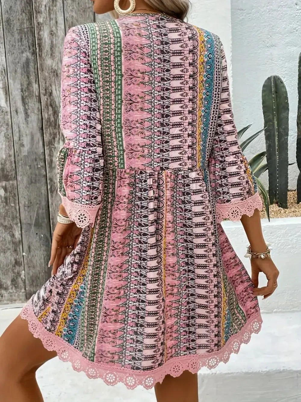 Lace Trim Printed V-Neck 3/4 Sleeve Dress - product image 9