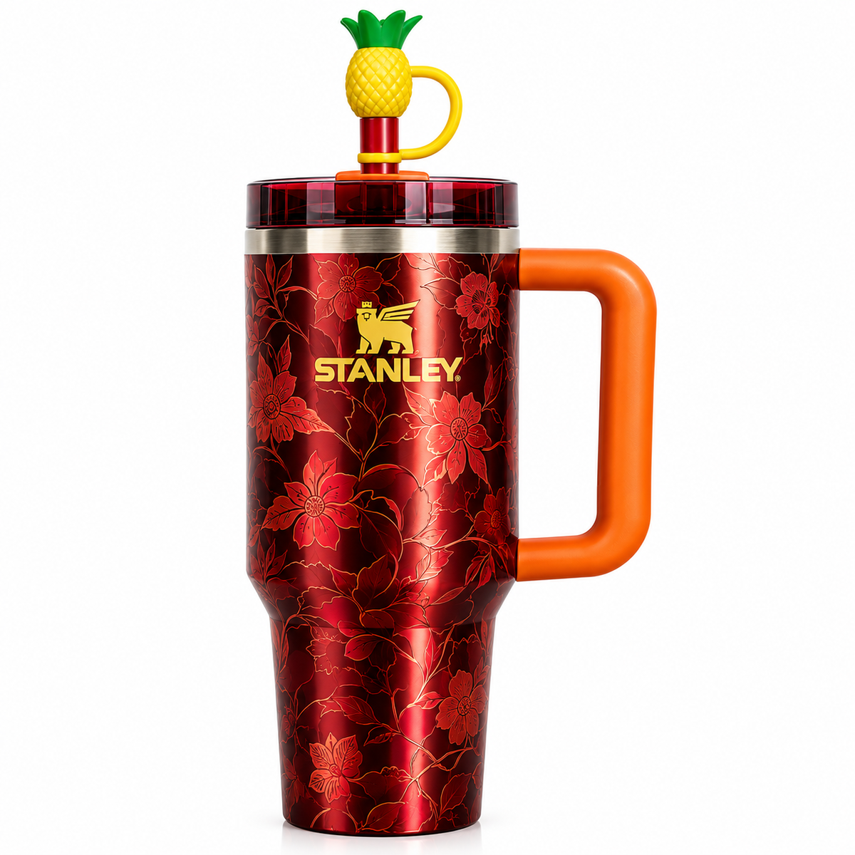 40 oz Insulated Stainless Steel Quencher Tumbler with Handle & Pineapple Straw – Burgundy Floral