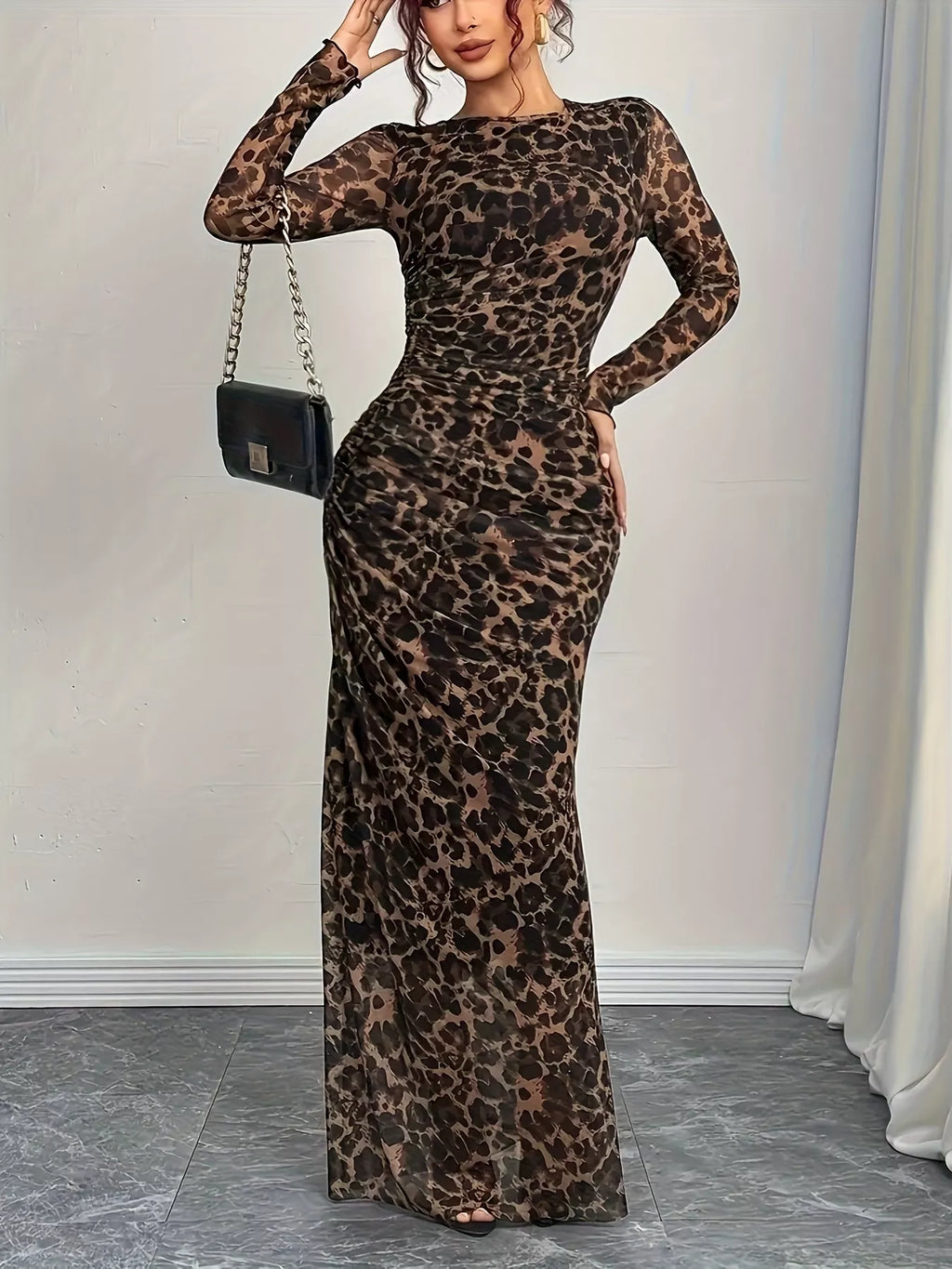 Leopard Print Long Sleeve Maxi Dress - Shopiebay women's boutique