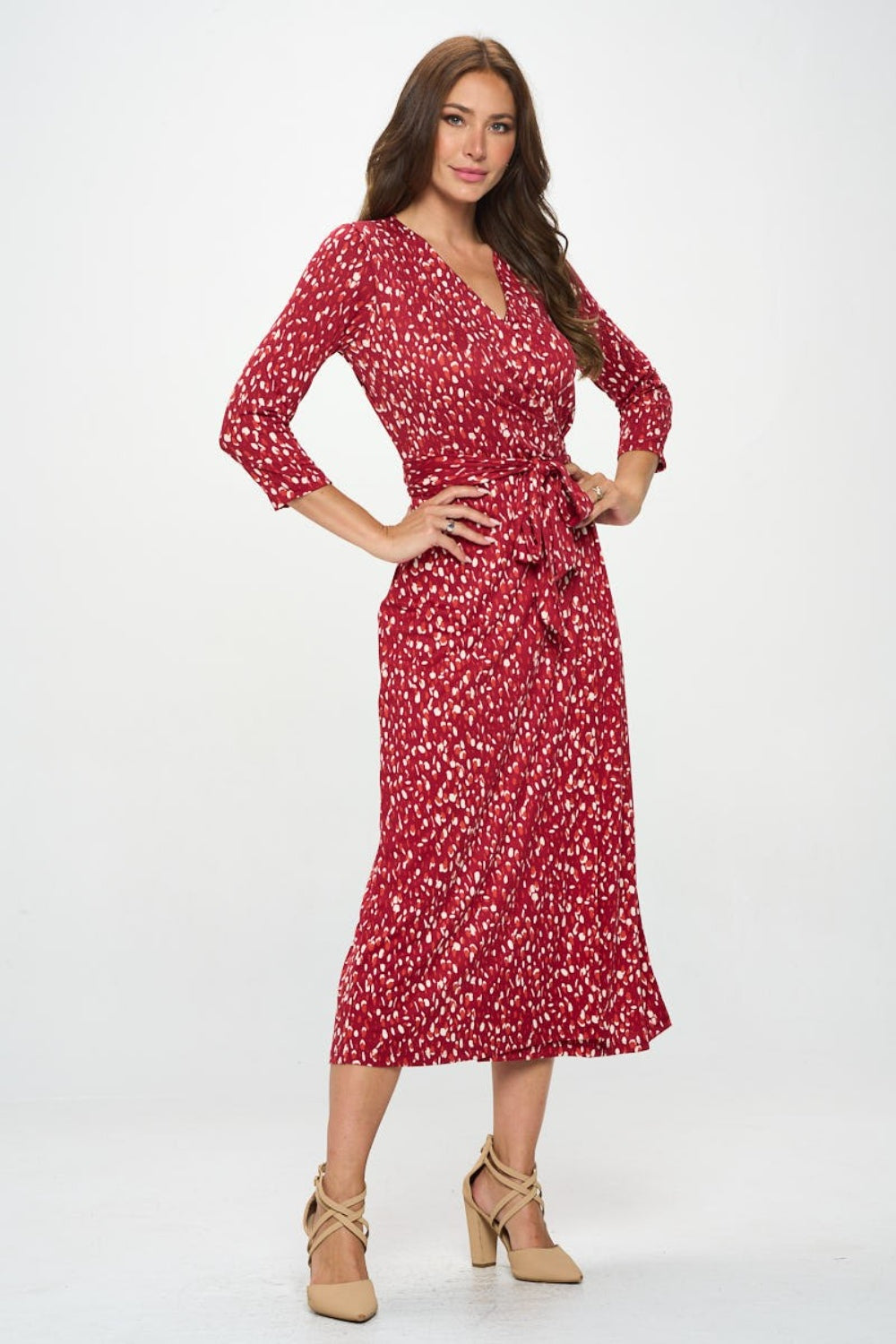 RENEE C Printed Tie Front Surplice Midi Dress