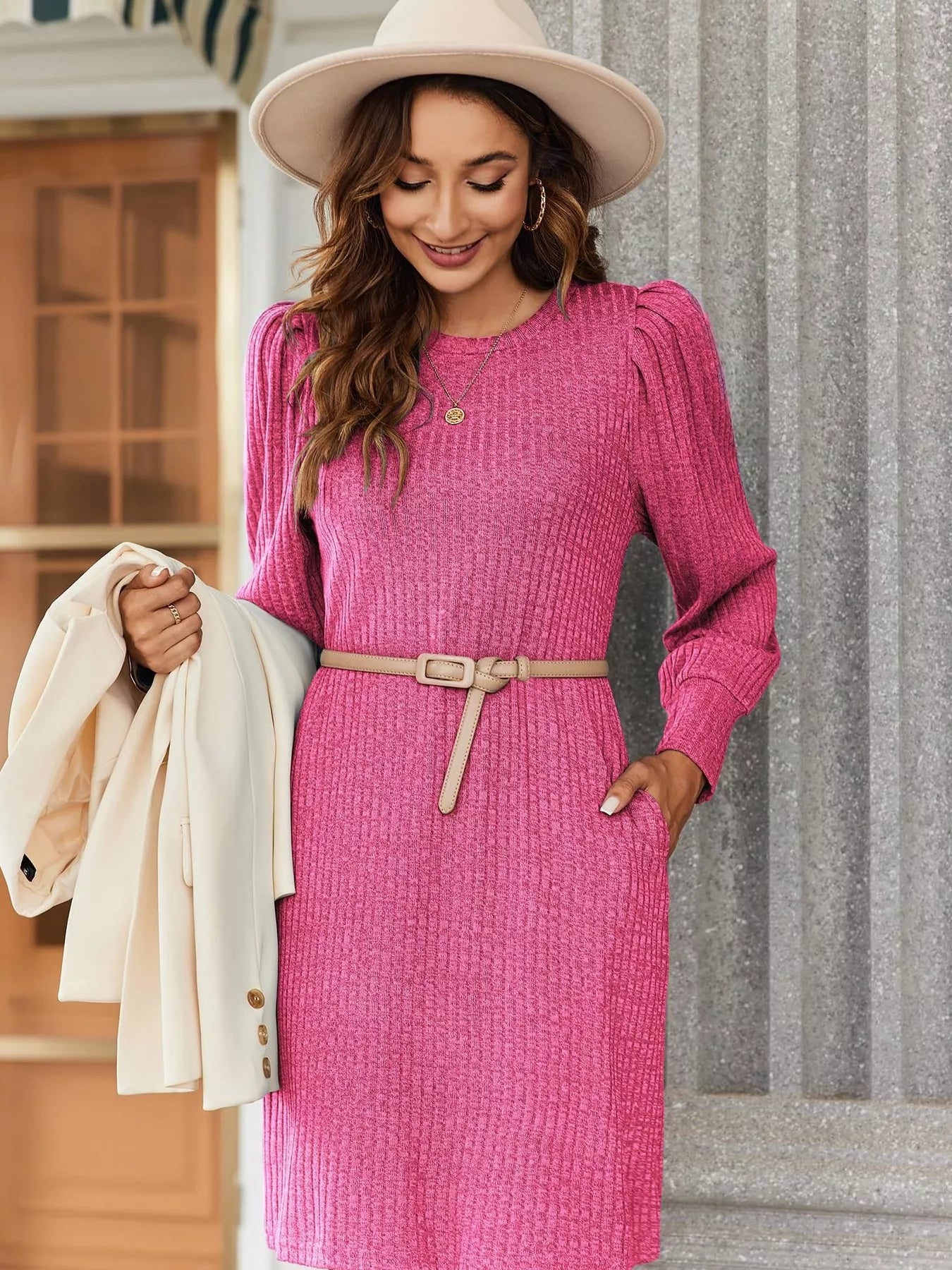 Ribbed Knit Puff Sleeve Casual Mini Dress - product image 2