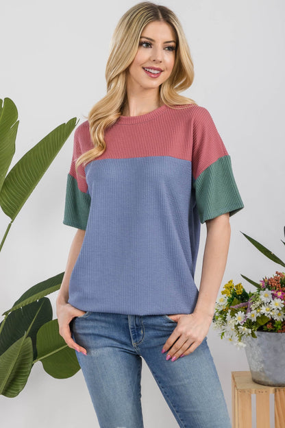 Celeste Full Size Ribbed Color Block T-Shirt