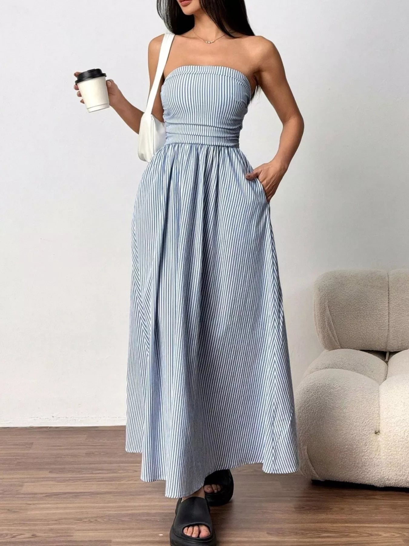 Striped Strapless Casual Maxi Dress view 2 - Shopiebay