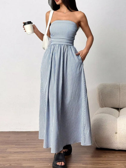 Striped Strapless Casual Maxi Dress view 2 - Shopiebay