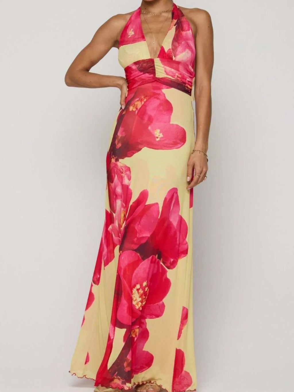 Floral Halter Neck Deep V Maxi Dress view 12 - Shopiebay