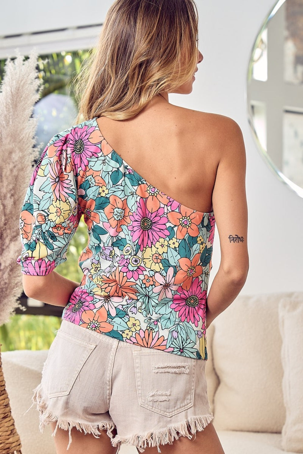 BiBi Floral Puff Sleeve One Shoulder Top