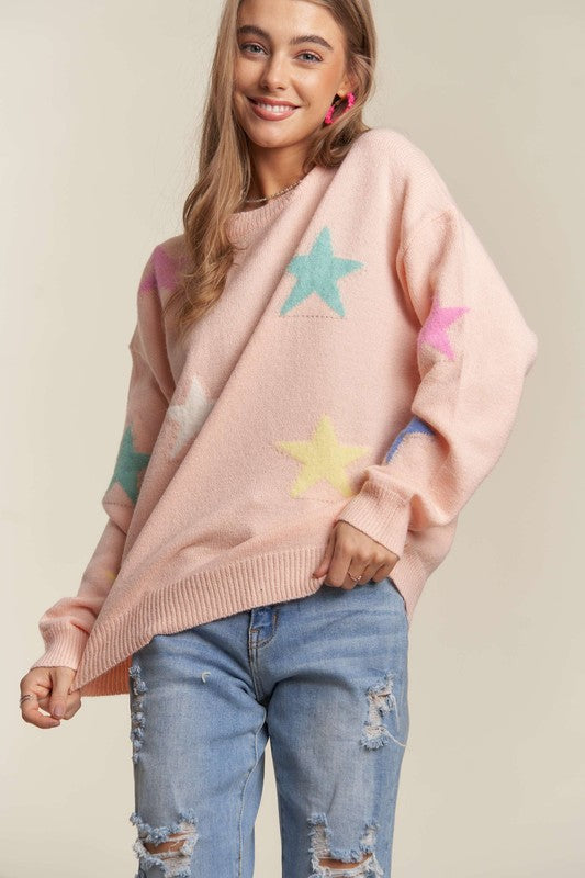 ADORA Stars Pattern Round Neck Drop Shoulder Sweater