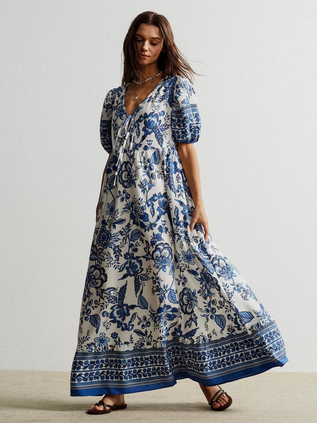 Floral Print Tie-Neck Puff Sleeve Maxi Dress Main image