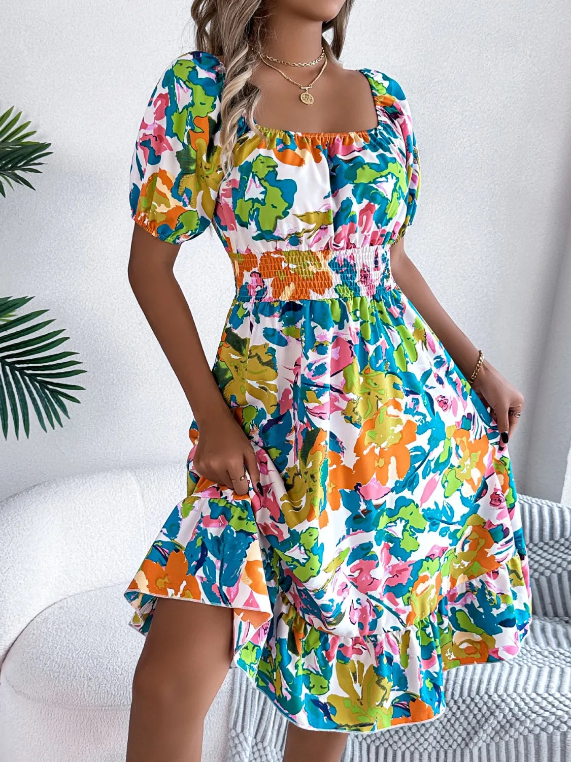 Ruffled Hem Smocked Floral Short Sleeve Midi Dress - product image 10
