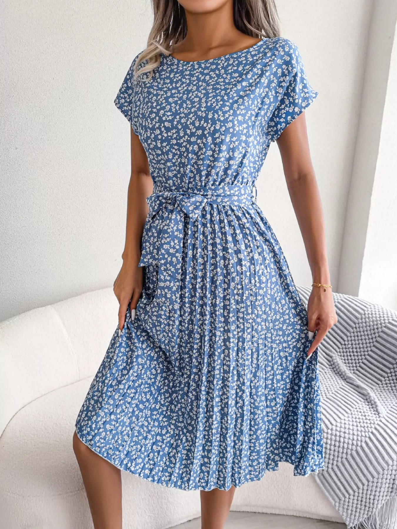 Women's Floral Pleated Midi Dress with Belt – Casual Spring Style - product image 4