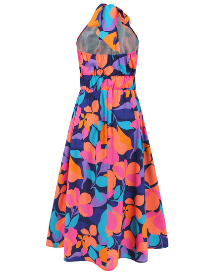 Ruched Printed Halter Neck Sleeveless Dress