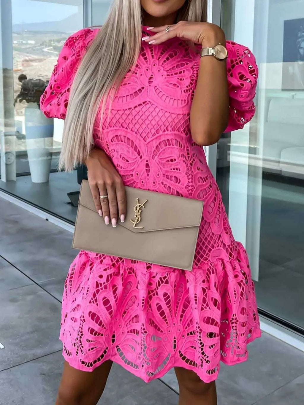 Lace Mock Neck Puff Sleeve Dress - product image 5