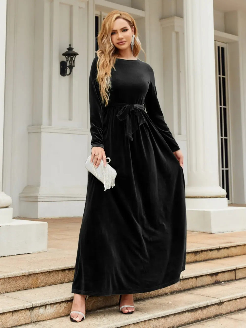Tie Front Round Neck Long Sleeve Maxi Dress - product image 18