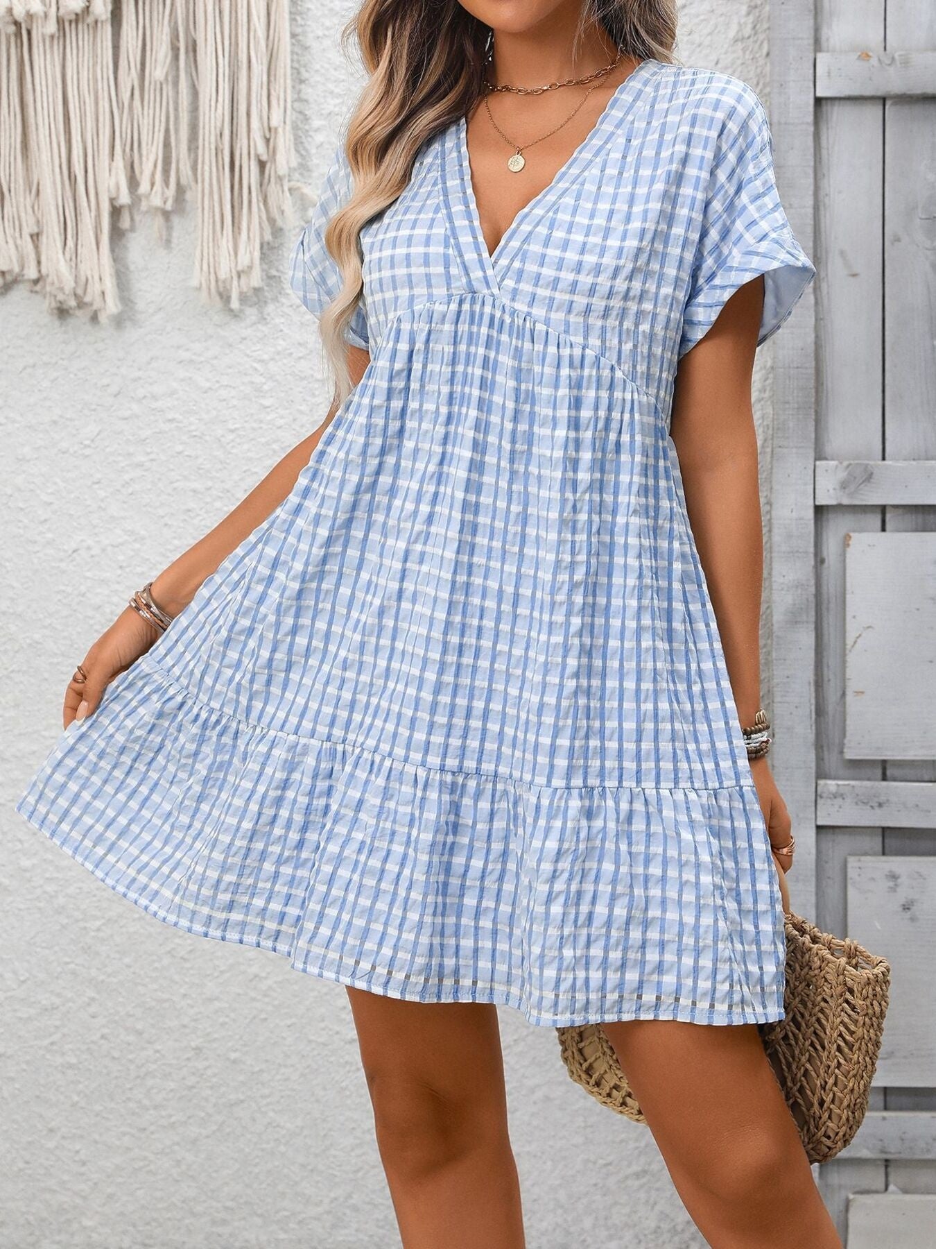 Plaid V-Neck Ruffle Hem Mini Dress Main image