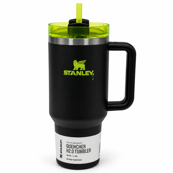 Stanley Quencher H2.0 Tumbler 40 oz – Black with Lime Green Lid & Straw