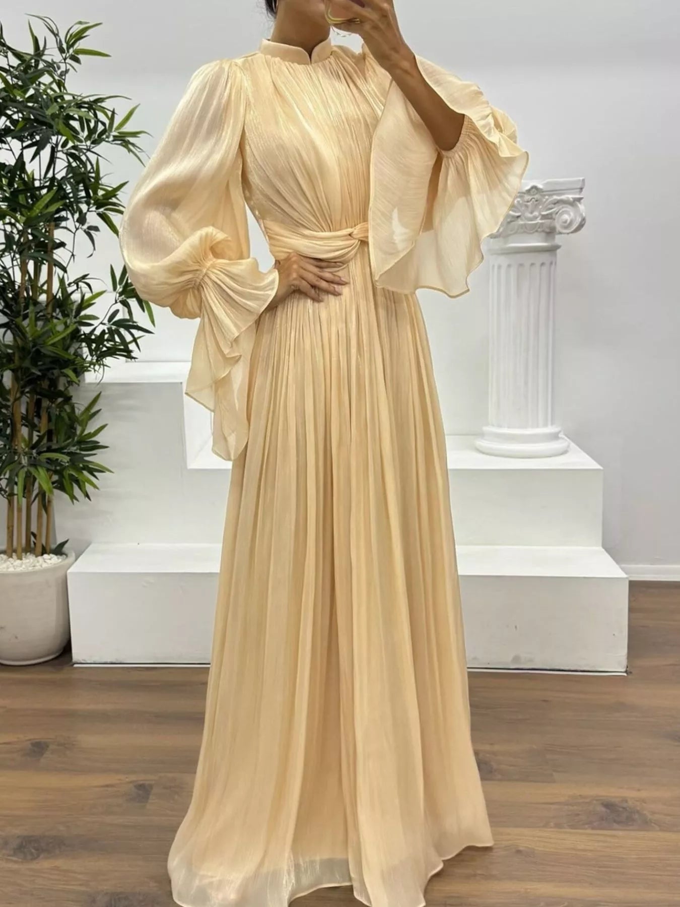 Pleated Mock Neck Long Sleeve Maxi Dress - product image 3