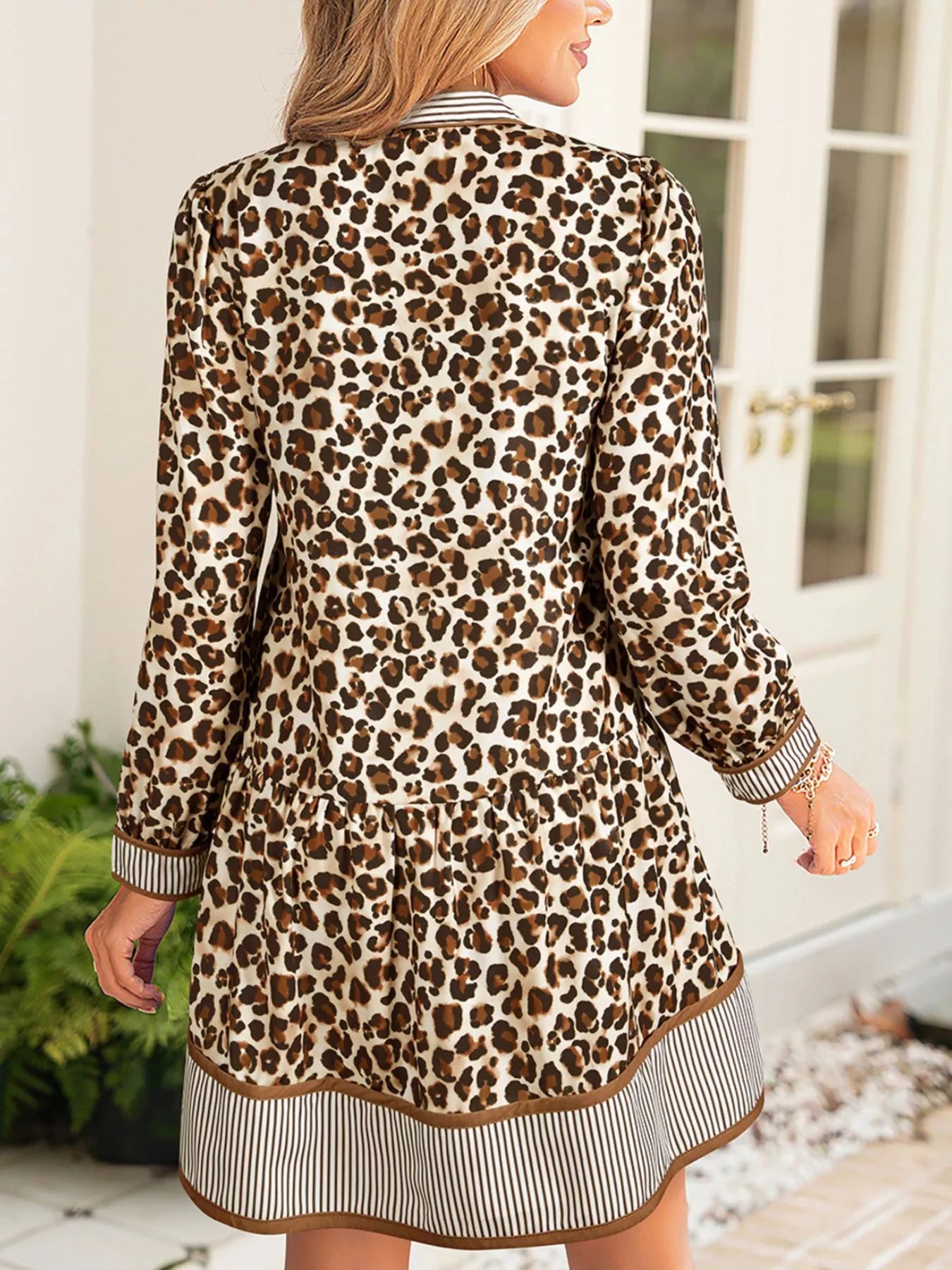 Leopard Print Striped Patchwork 3/4 Sleeve Loose Mini Dress Secondary image
