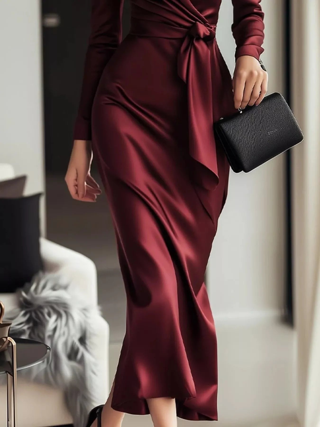 Satin Wrap Long Sleeve Midi Dress view 5 - Shopiebay
