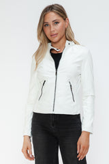 Snobbish Faux Leather Zip Up Drawstring Hooded Jacket