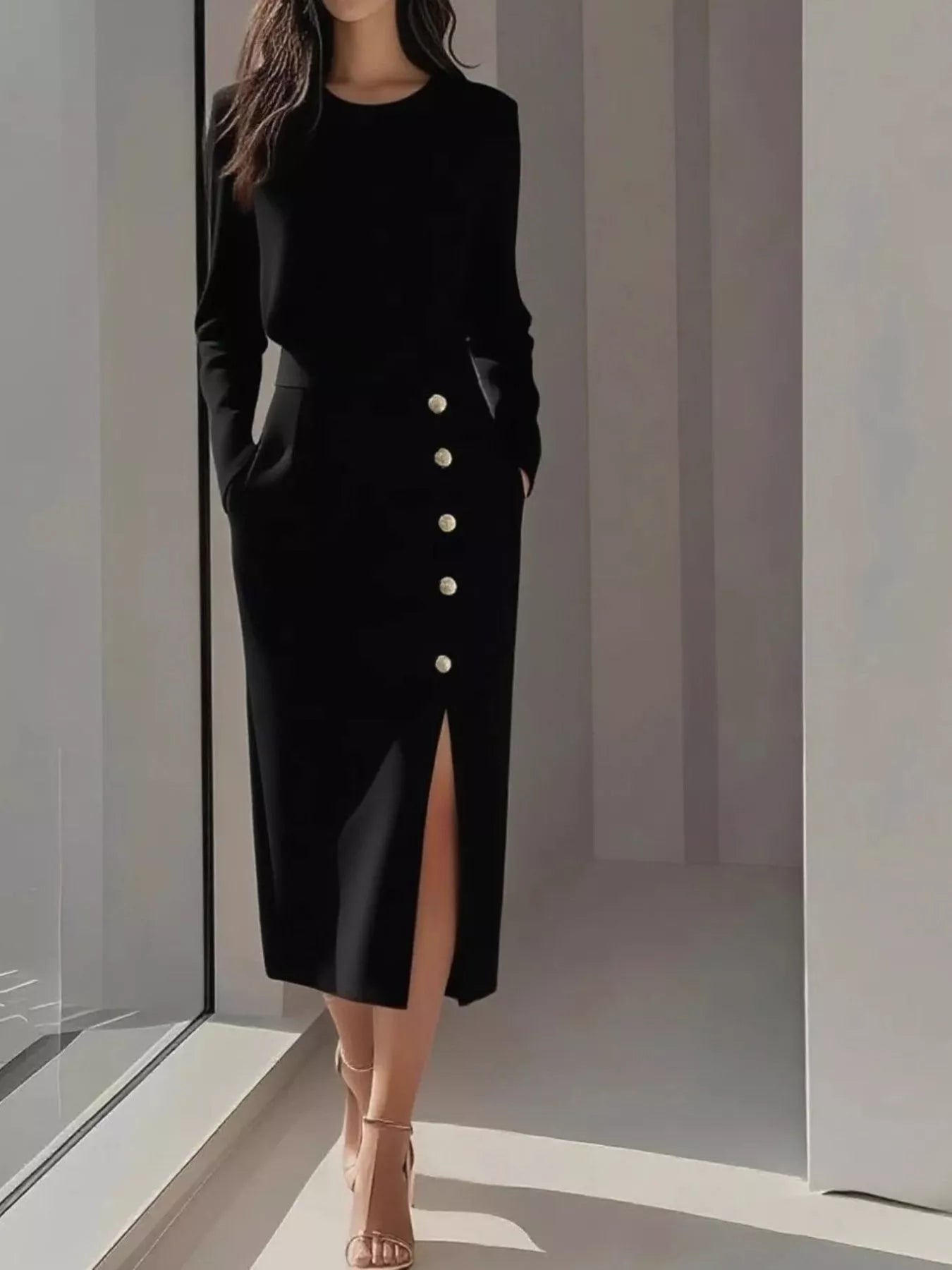 Long Sleeve Button Detail Midi Dress with Side Slit view 4 - Shopiebay