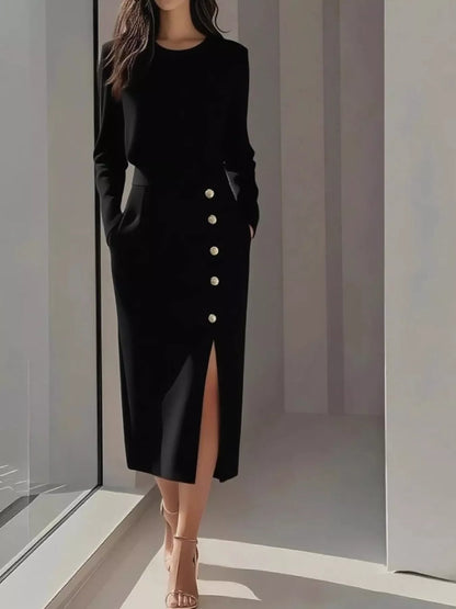 Long Sleeve Button Detail Midi Dress with Side Slit view 4 - Shopiebay