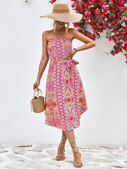 Printed Strapless Tie Belt Dress