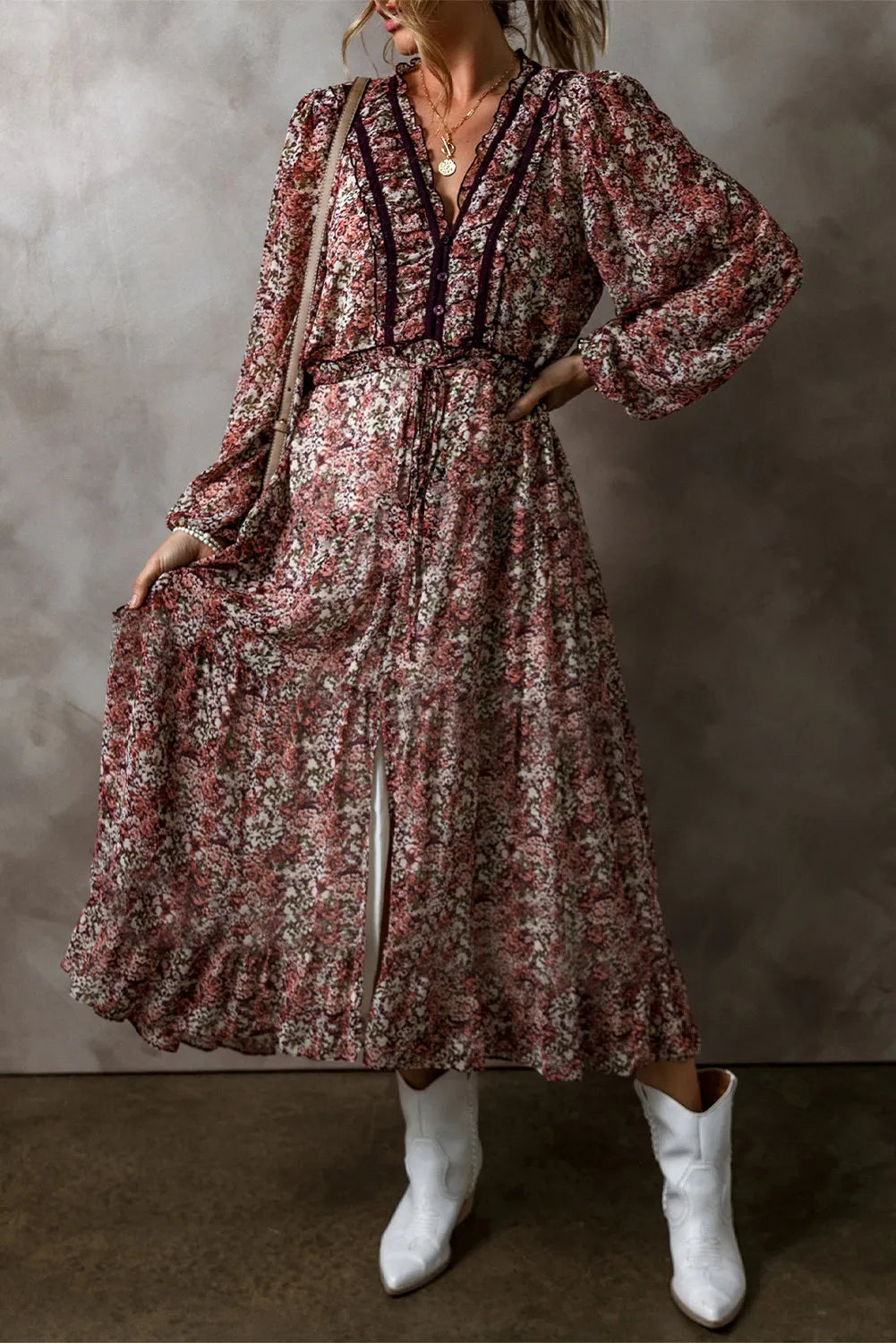 Frill Printed V-Neck Long Sleeve Midi Dress view 2 - Shopiebay