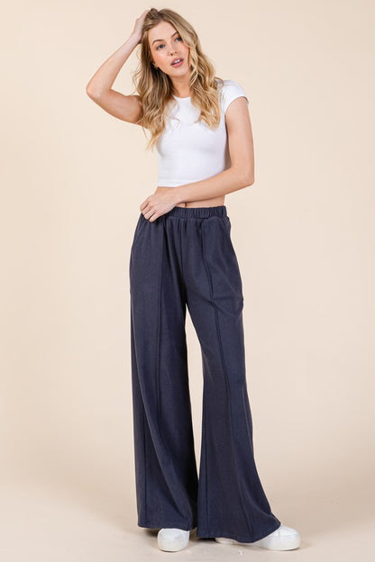 BOMBOM Elastic Waist Wide Leg Pants with Pockets