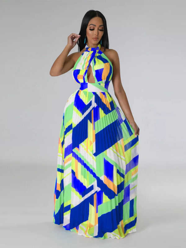 Halter Neck Geometric Print Pleated Maxi Dress - product image 11
