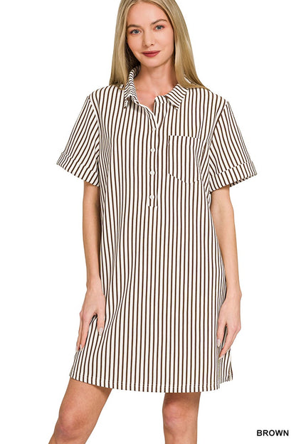 Zenana Stripe Collared Half Button Up T-Shirts Dress - Shopiebay women's boutique