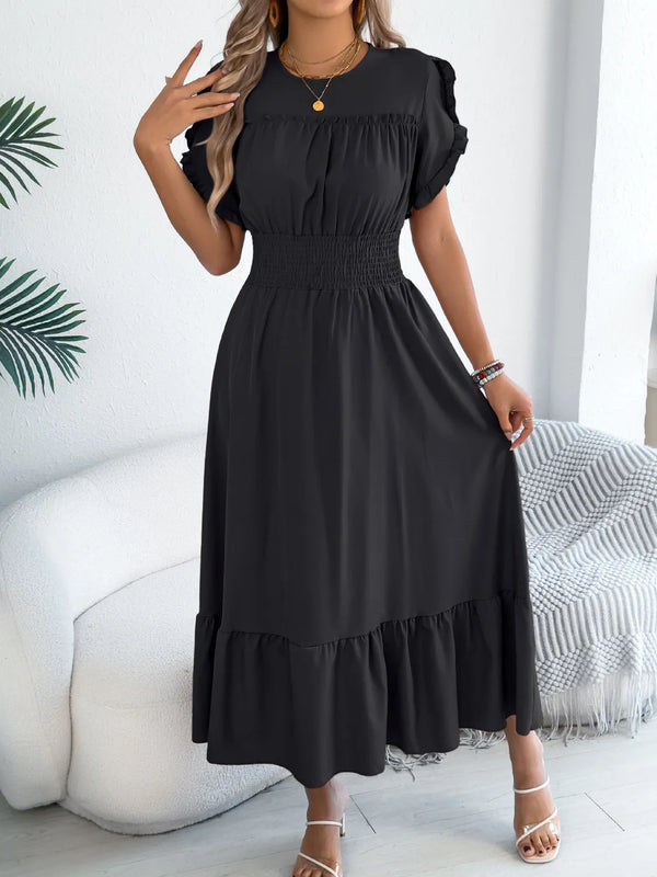 Smocked Frill Round Neck Midi Dress - product image 4