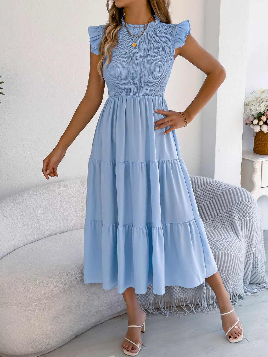 Women's Smocked Ruffle Midi Dress – Casual A-Line Cap Sleeve - product image 12