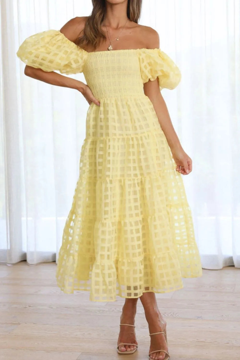 Off Shoulder Short Puff Sleeve Midi Dress view 8 - Shopiebay