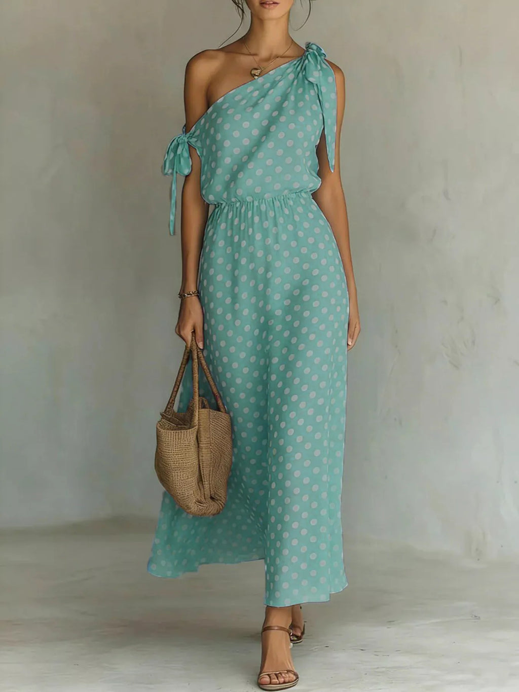 Full Size Polka Dot One-Shoulder Maxi Dress with Tie Details Plus Size - product image 8