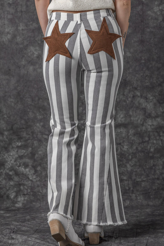 Raw Hem Star Applique Striped Jeans