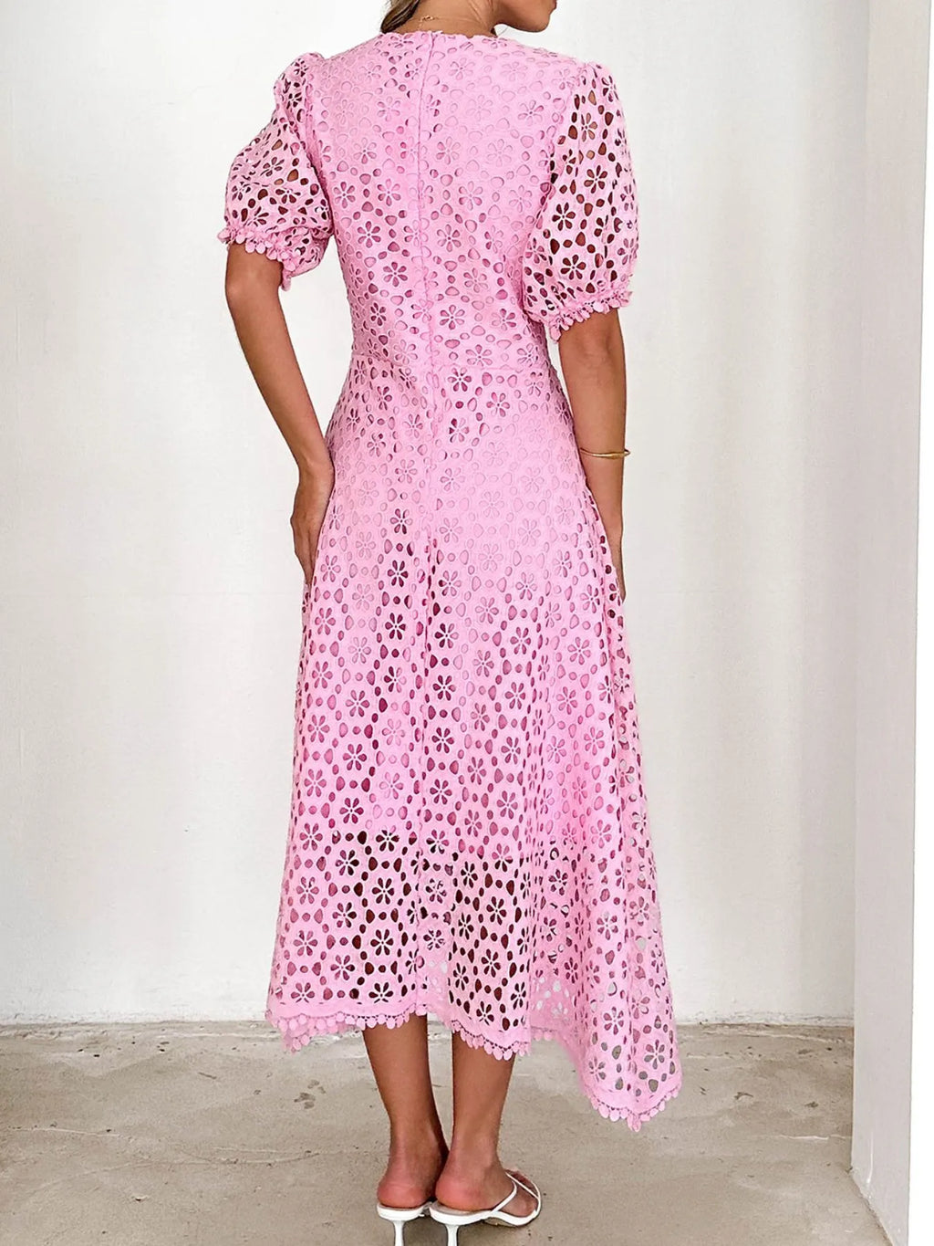 Eyelet Lace V-Neck Midi Dress with Puff Sleeves - product image 15