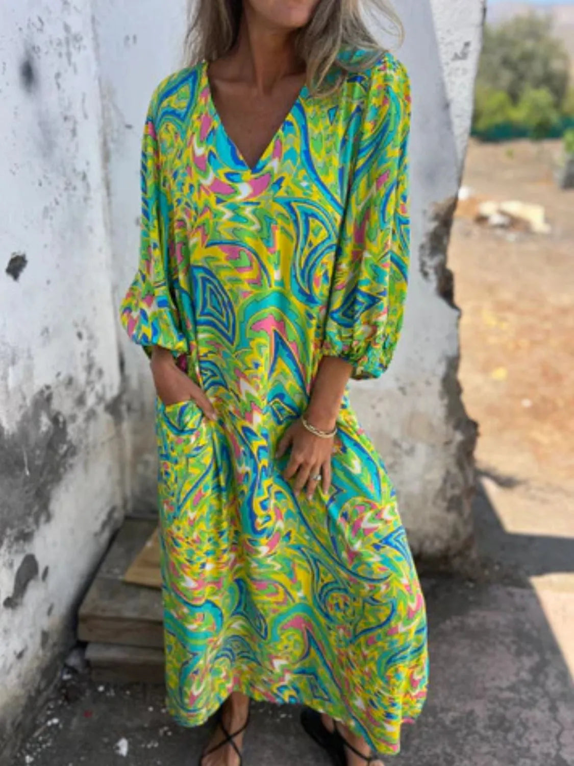 Printed V-Neck Dress with Pockets - product image 9