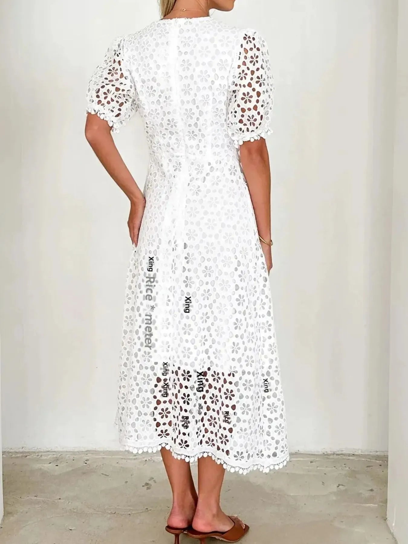 Eyelet Lace V-Neck Midi Dress with Puff Sleeves - product image 5