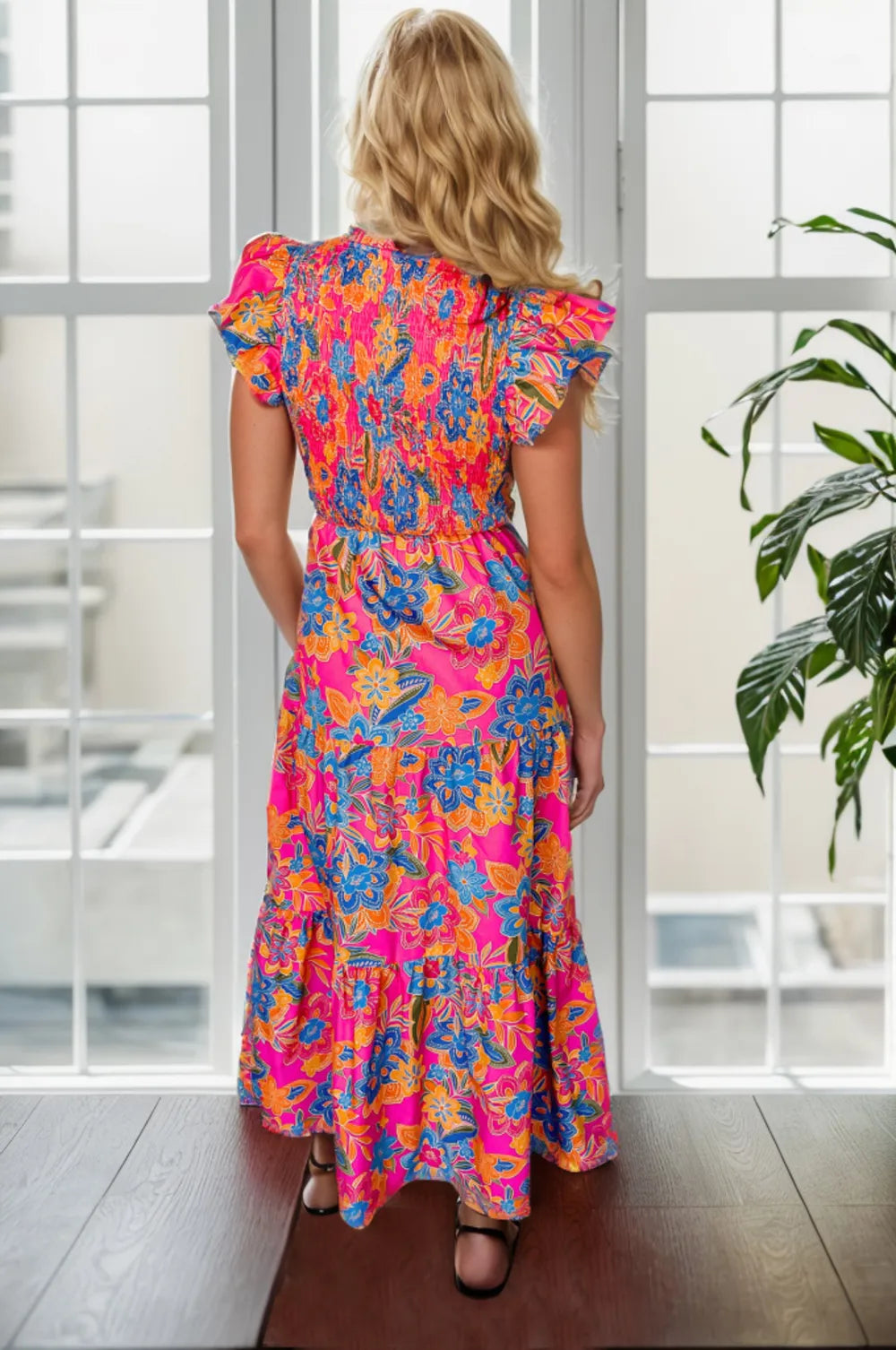 Printed V-Neck Cap Sleeve Pocketed Midi Dress - product image 2