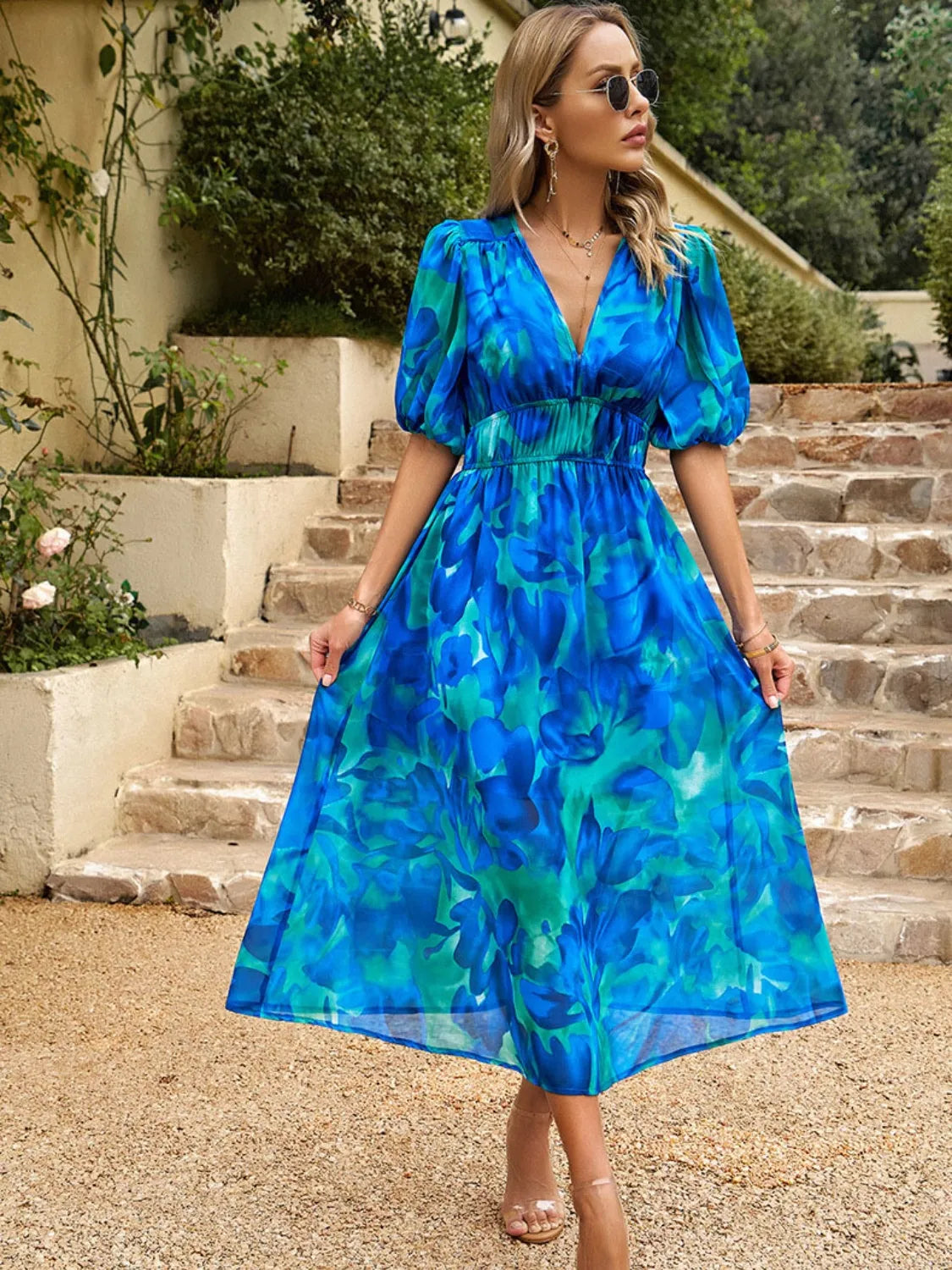 Printed Puff Sleeve Midi Dress view 10 - Shopiebay