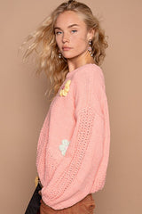 POL Crochet Flower Round Neck Dropped Shoulder Sweater