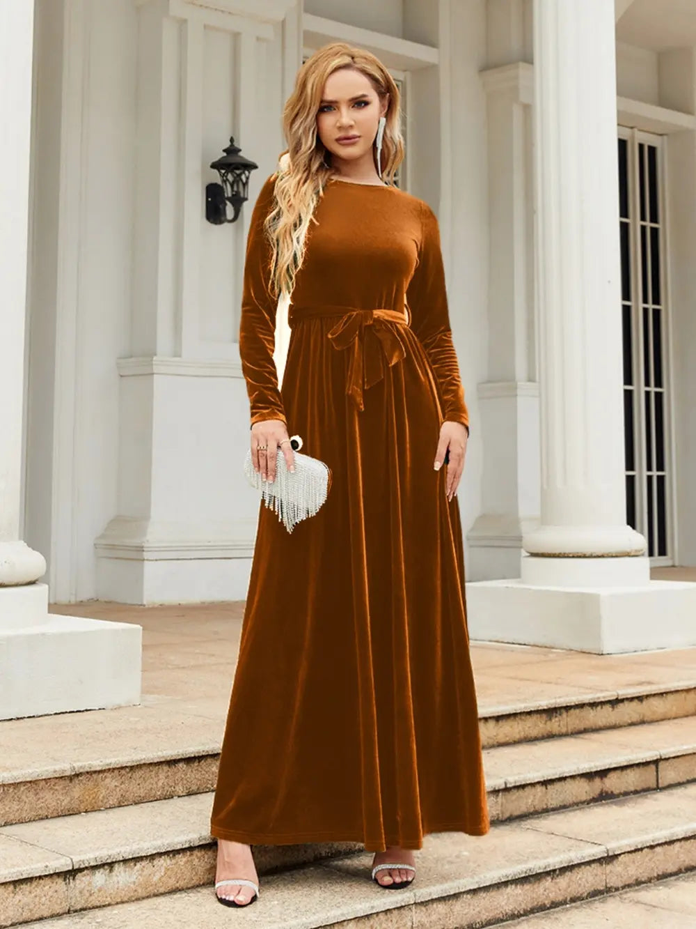 Tie Front Round Neck Long Sleeve Maxi Dress - product image 5